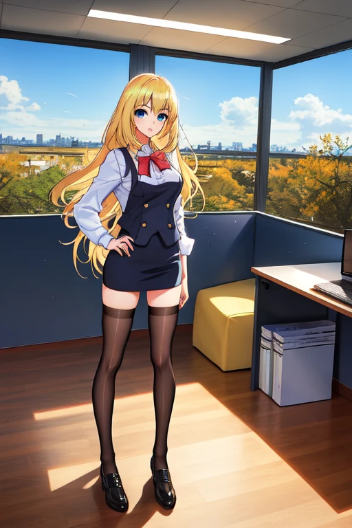 create a 25-year-old anime girl in office attire and black stockings with blonde hair and blue eyes with a luxurious office landscape