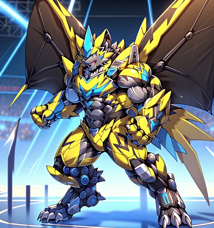 (ZERAORA, 8K), (Zeraora's giant robot, Powered exoskeleton with the same design as Zeraora), (Masterpiece, highres) (Detailed head, Detailed Body, Detailed abs, full body) (gigantic muscles, Gigachad Muscular, big muscle, pecs, triceps, traps, unusually developed muscular body, body full of huge muscles. showing off muscles, pectorales enormes, Exaggeratedly huge muscles.) (nj5furry, The claws are sharp, Sharp teeth, sharp claws), (long legs), (Spread wings, It has wings, have big wings, golden wings), (Wrestling, wrestler, the bodybuilding), (It has wings, whole body shines like metal, Wearing cyberpunk mecha, emphasizes the muscles, suit fully made of metal, intricate armor, Robotic suit, suit fully made of metal, cyborg),