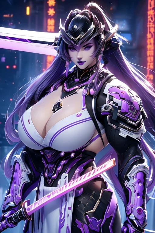 ((((Massive, beautiful, buff, muscular pale white skinned female samurai with violet purple hair, black lipstick, ginormous bulky muscles, holding a violet fire sword and wearing an all violet cyber samurai armor with pants)))), {close view}, black eyeliner, massive muscles, large breast, massive biceps, hyper muscle triceps, (long hair with long bangs), black eyes, samurai boots, In a futuristic city, sleeveless, steel samurai armor, nighttime, closed smile, hyper muscles arms, hyper muscle legs, ginormous arms