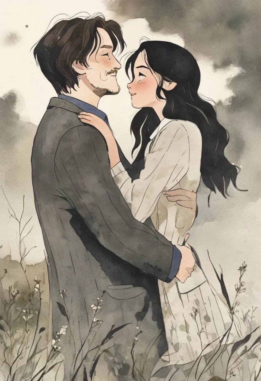 Remus Lupin hugging his dark haired ( , thin ) daughter (black and white)