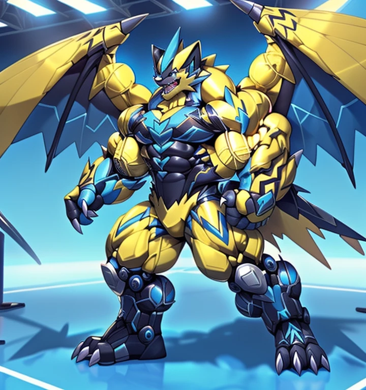 (ZERAORA, 8K), (Zeraora's giant robot, Powered exoskeleton with the same design as Zeraora), (Masterpiece, highres) (Detailed head, Detailed Body, Detailed abs, full body) (gigantic muscles, Gigachad Muscular, big muscle, pecs, triceps, traps, unusually developed muscular body, body full of huge muscles. showing off muscles, pectorales enormes, Exaggeratedly huge muscles.) (nj5furry, The claws are sharp, Sharp teeth, sharp claws), (long legs), (Spread wings, It has wings, have big wings, golden wings), (Wrestling, wrestler, the bodybuilding), (It has wings, whole body shines like metal, Wearing cyberpunk mecha, emphasizes the muscles, suit fully made of metal, intricate armor, Robotic suit, suit fully made of metal, cyborg),