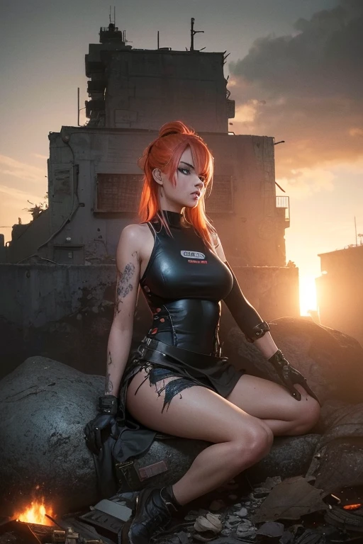 A highly detailed and realistic skull girl,( Anya. Taylor Joy) cyberpunk character, mad max furiosa, one hand robot, cyborg arm, orange hair, dramatic metal heavy rock theme, best quality, 8k, hyperrealistic, photorealistic, extreme detailed painting, studio lighting, vivid colors, dark moody atmosphere, cinematic, dramatic pose, intricate mechanical details, glowing energy effects, intense gritty textures, seamless integration of organic and inorganic elements. Wearing the used clothes of a wastelander. Background: An apocalyptic wasteland. Dusty and depressing., sexy pose, walking
