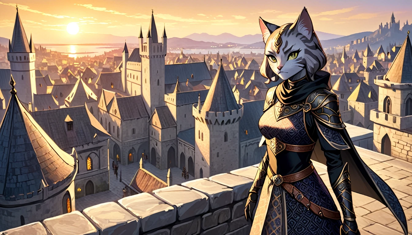 khajiit, expressive eyes, black patterned clothes dress, jojo poses, big medieval city in sunset in background, detail richness, masterpiece, best quality, The Elder Scrolls style