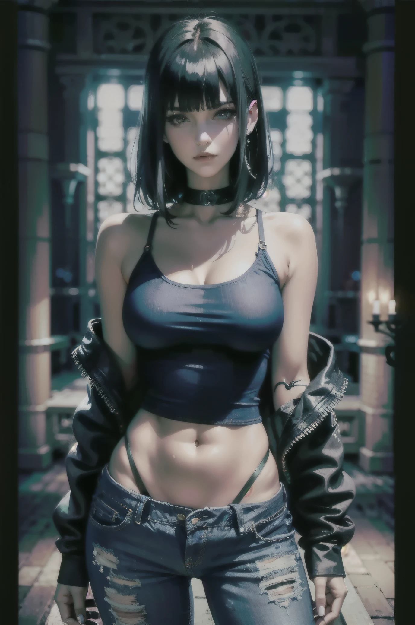 night, long blunt bangs, dark, blue cutoff jeans, Woman, (emo, gothic, dark), dark clothing, portrait, standing, 