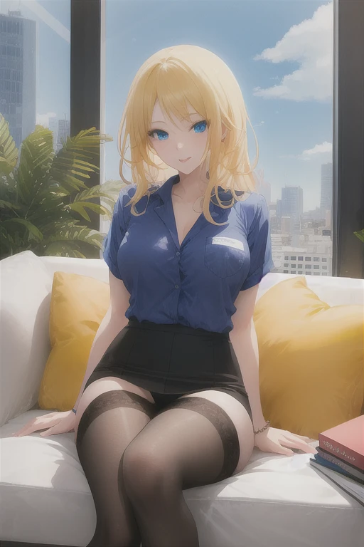 create a 25-year-old anime girl in office attire and black stockings with blonde hair and blue eyes with a luxurious office landscape