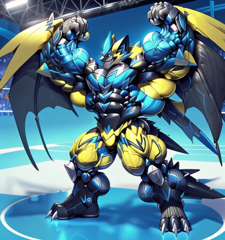 (ZERAORA, 8K), (Zeraora's giant robot, Powered exoskeleton with the same design as Zeraora), (Masterpiece, highres) (Detailed head, Detailed Body, Detailed abs, full body) (gigantic muscles, Gigachad Muscular, big muscle, pecs, triceps, traps, unusually developed muscular body, body full of huge muscles. showing off muscles, pectorales enormes, Exaggeratedly huge muscles.) (nj5furry, The claws are sharp, Sharp teeth, sharp claws), (long legs), (Spread wings, It has wings, have big wings, golden wings), (Wrestling, wrestler, the bodybuilding), (It has wings, whole body shines like metal, Wearing cyberpunk mecha, emphasizes the muscles, suit fully made of metal, intricate armor, Robotic suit, suit fully made of metal, cyborg),