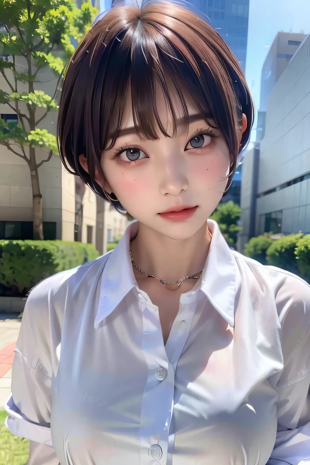 (highest quality:1.3)、(Masterpiece:1.4)、Raw photo、8K、((Best image quality))、 ((High resolution))、Beautiful face in every detail、Realistic human skin、Gentle expression、(Cute natural anime face)、(One Woman:1.3)、Realistic、Photorealistic、short hair、(Beautiful woman)、((Cool Japan girl))、(boyish:1.3)、mannish、((Beautiful woman))、(Beautiful Hair)、((Dark brown hair))、(Blushing:1.5)、(Fashion Model:1.3)、(Every woman admires her face:1.3)、((Her eyes are big))、20 year old beauty、(Small face)、Small Head、((Her neck is long))、(High school girls)、uniform、(Japanese high school uniform)、(High school girlsのuniform)、((White button-up shirt))、(A shirt with a wide open chest)、Collared shirt、(necklace)、(The aspirations of young people)、((The center of attention in school))、everyone will love her、(You can almost see your cleavage)、sexual excitement、Thick chain collar、(Changing clothes)