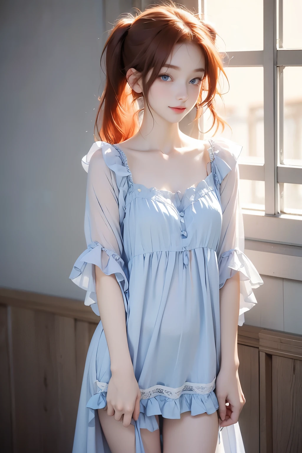 cute redhead woman 25 years old, happy, in twin tails, perfect blue eyes, pale gothic skin, silky smooth skin, wearing a pastel blue (sheer) nightgown, frilly nightgown, cute white panties and bra underneath her sheer Nightgown, standing in a spaceship.