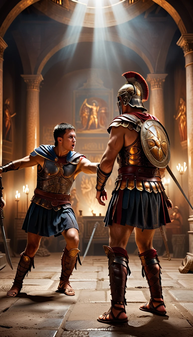 Cinematic style, Intense gladiator duel, set in ancient Rome, historical painting, background dark, hyper realistic, ultra detailed hyper realistic, photorealistic, Studio Lighting, reflections, dynamic pose, Cinematic, Color Grading, Photography, Shot on 50mm lens, Ultra-Wide Angle, hyper-detailed, beautifully color, 8k, golden light from the front