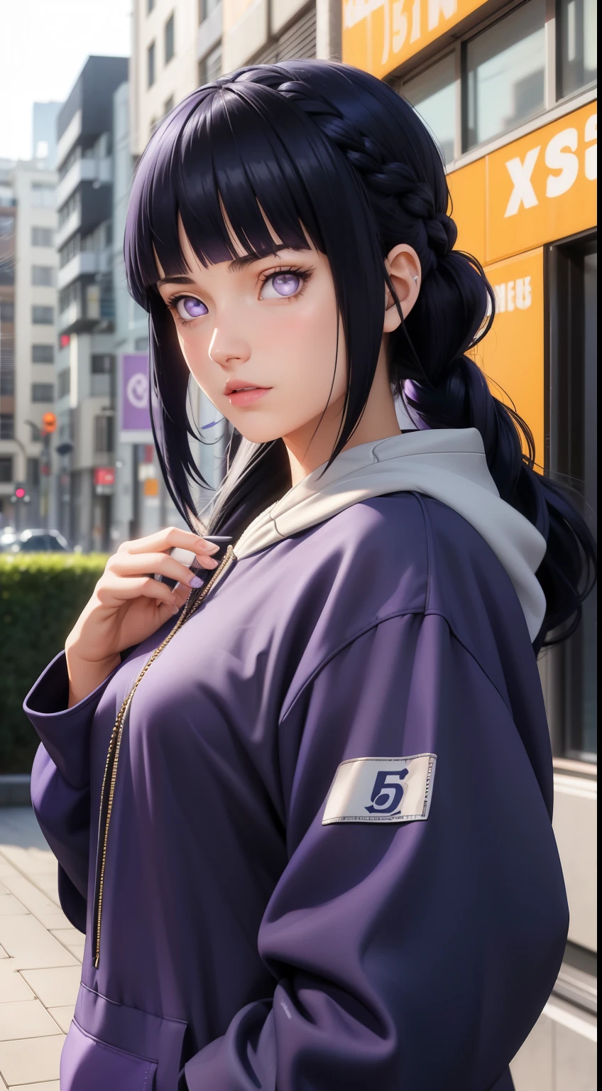 masterpiece, best quality, ultra-detailed, illustration,1girl,
long hair, dark blue hair, french braid, purple eyes, blunt bangs, 
Wearing Streetwear Hoodie, stylish,
medium breast,  
looking at viewer, hinata\(shippuden\)