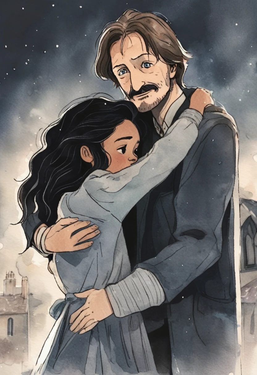 Remus Lupin hugging his dark haired ( , thin ) daughter (black and white)