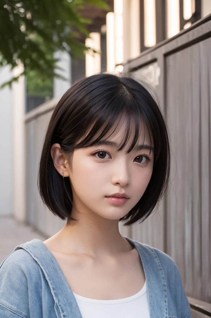 (High resolution:1.3), (16k, Photorealistic, Raw photo, Best image quality: 1.4), Japanese, (One Girl), Beautiful Face, (A vivid face), (Black-haired、short hair:1.3), Beautiful Hairstyles, Realistic eyes, Beautifully detailed eyes, (Realistic Skin), Beautiful skins, attractive, 超A high resolution, Surreal, High detail, Golden Ratio, Highly detailed cute girl,(20-year-old)、Selfie