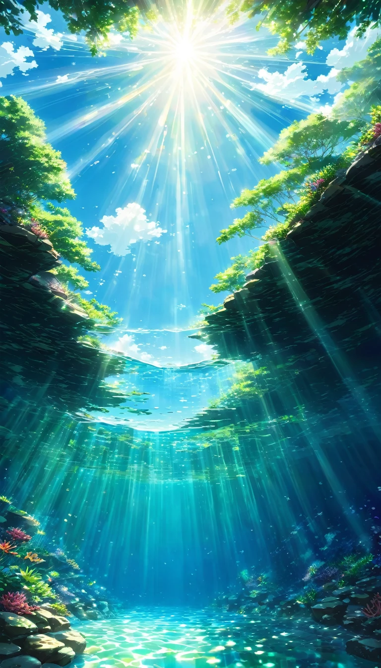 Tropics, lagoon, Water Cottage, Resort, Emerald green, turquoise blue, transparency, 太Sunlight, reflection, water surface, Sea surface, seabed, White Sand, rock, Coral Reef, Tropics魚, Shadow, cliff, green, blue sky, White cloud, bright々, Paradise, beautiful, Spectacular views, trip, vacation, Silence, green豊か, In the water, Fantasy, Healing, water surfaceに近い視点, Looking up, Low - Angle, Streaks of Light, Sunlight, Sparkling, Shine, Curtain of light, water surfacereflection , beautiful Anime Scenery, Landscape painting, beautifulデジタル絵画, Andreas Rocha, beautifulアートワークのイラスト, Awesome Wallpapers, Raymond Han, 背の高いbeautiful絵画, Studio Greeble Makoto Shinkai, beautiful壁紙, Anime Scenery