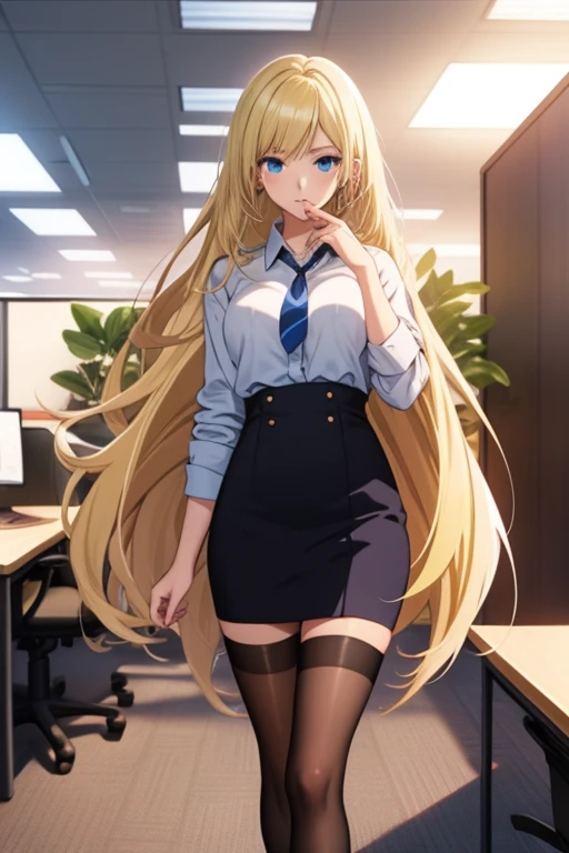 8k, beautiful woman, full body, long hair, double ponytail, golden hair, green eyes, smiling, determined look, white shirt, navy blue miniskirt, white stockings, office background, crouching, front, open legs