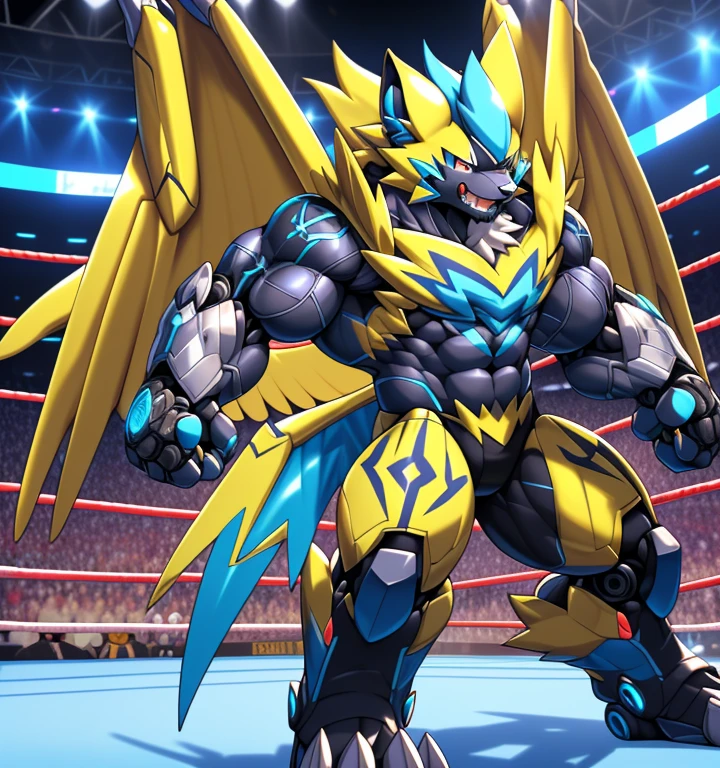 (ZERAORA, 8K), (Zeraora's giant robot, Powered exoskeleton with the same design as Zeraora), (Masterpiece, highres) (Detailed head, Detailed Body, Detailed abs, full body) (gigantic muscles, Gigachad Muscular, big muscle, pecs, triceps, traps, unusually developed muscular body, body full of huge muscles. showing off muscles, pectorales enormes, Exaggeratedly huge muscles.) (nj5furry, The claws are sharp, Sharp teeth, sharp claws), (long legs), (Spread wings, It has wings, have big wings, golden wings), (Wrestling, wrestler, the bodybuilding), (It has wings, whole body shines like metal, Wearing cyberpunk mecha, emphasizes the muscles, suit fully made of metal, intricate armor, Robotic suit, suit fully made of metal, cyborg),