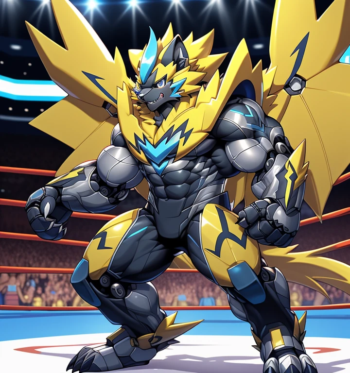 (ZERAORA, 8K), (Zeraora's giant robot, Powered exoskeleton with the same design as Zeraora), (Masterpiece, highres) (Detailed head, Detailed Body, Detailed abs, full body) (gigantic muscles, Gigachad Muscular, big muscle, pecs, triceps, traps, unusually developed muscular body, body full of huge muscles. showing off muscles, pectorales enormes, Exaggeratedly huge muscles.) (nj5furry, The claws are sharp, Sharp teeth, sharp claws), (long legs), (Spread wings, It has wings, have big wings, golden wings), (Wrestling, wrestler, the bodybuilding), (It has wings, whole body shines like metal, Wearing cyberpunk mecha, emphasizes the muscles, suit fully made of metal, intricate armor, Robotic suit, suit fully made of metal, cyborg),