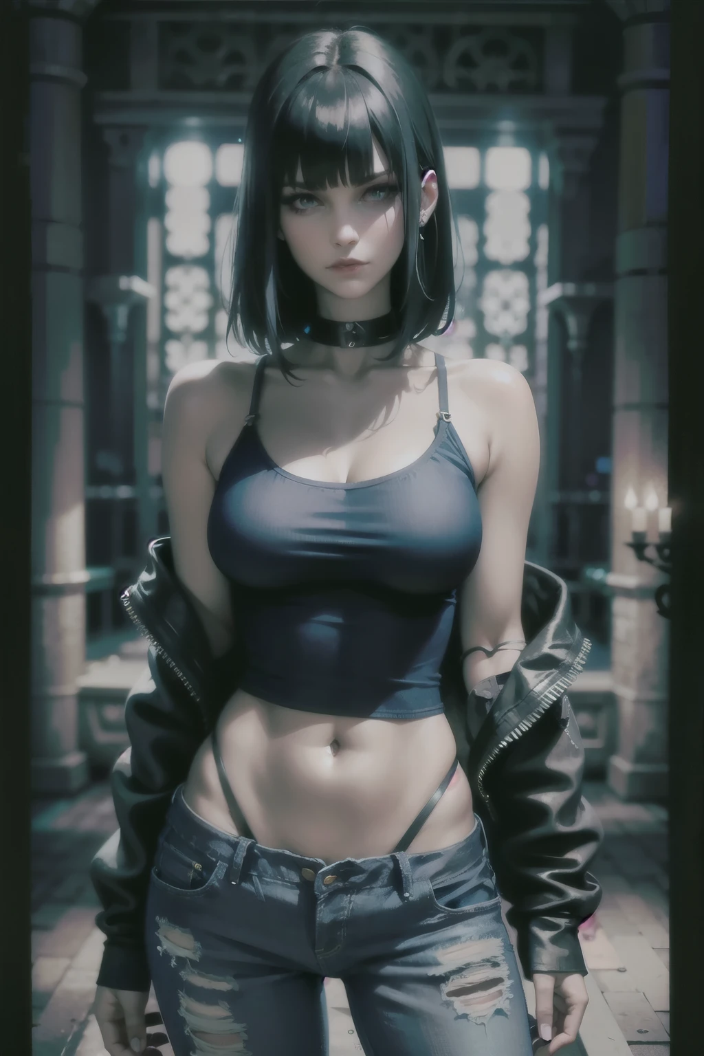 night, long blunt bangs, dark, blue cutoff jeans, Woman, (emo, gothic, dark), dark clothing, portrait, standing,