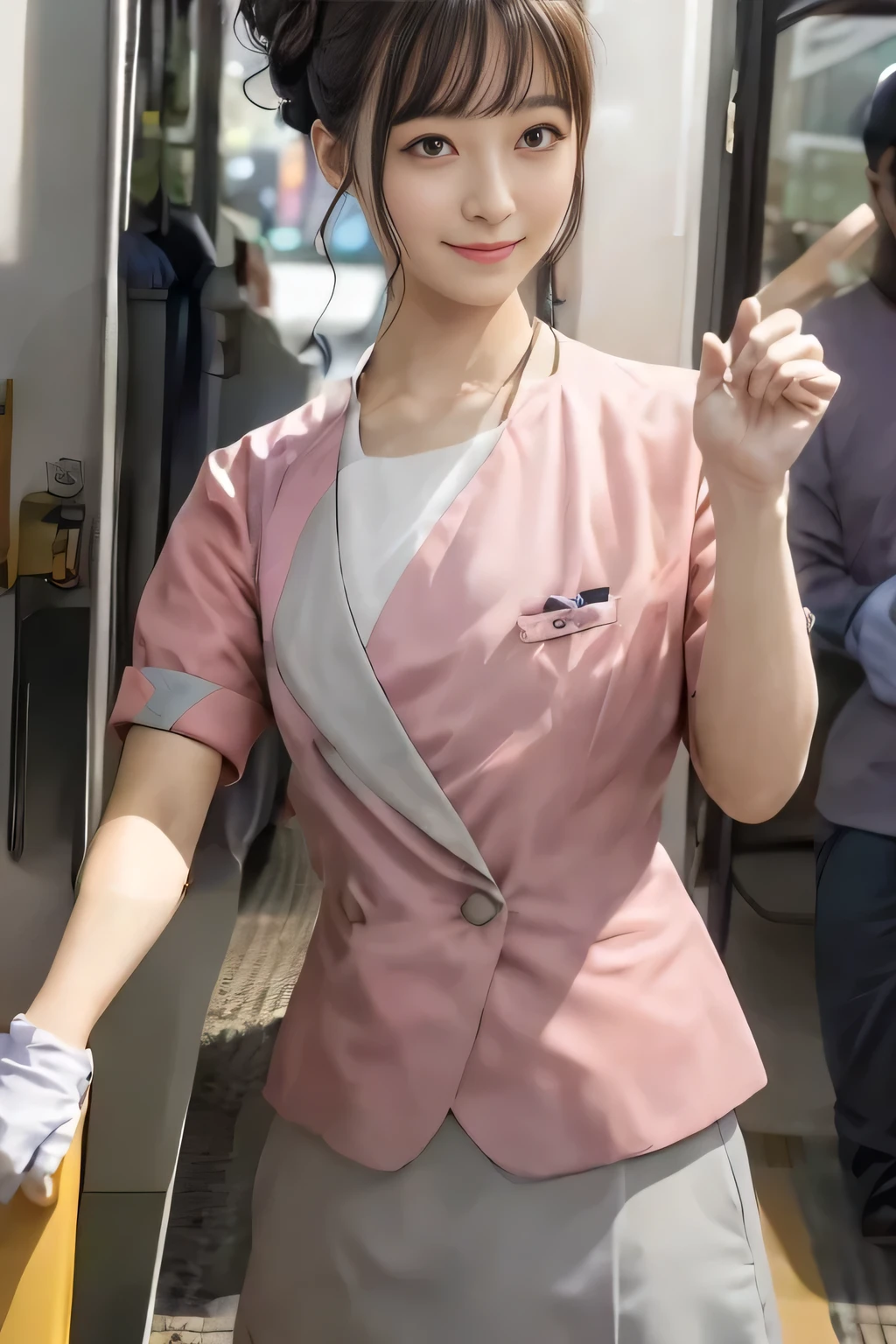 (masterpiece:1.2, highest quality:1.2), 32K HDR, High resolution, (alone、1 girl)、(On the rooftop of a building in the daytime、Professional Lighting)、Building rooftop background、(Nankai train crew uniform pinkを着たリアルスタイル)、(Nankai train crew uniform pink short sleeve pink jacket、Nankai Train Crew Uniform Pink Collarless Short Sleeve Blouse、Nankai Train crew uniform pinkのグレー色のキュロットスカート)、Dark brown hair、(Hair tied up、Hair Bun、Hair Bun)、Dark brown hair、Long Shot、Big Breasts、Thin legs、((Great hands:2.0)),((Harmonious body proportions:1.5)),((Normal limbs:2.0)),((Normal finger:2.0)),((Delicate eyes:2.0)),((Normal eyes:2.0)))、smile、(Nankai Train crew uniform pinkのグレー色のキュロットスカートを見せた美しい歩く姿)、Put your hands down