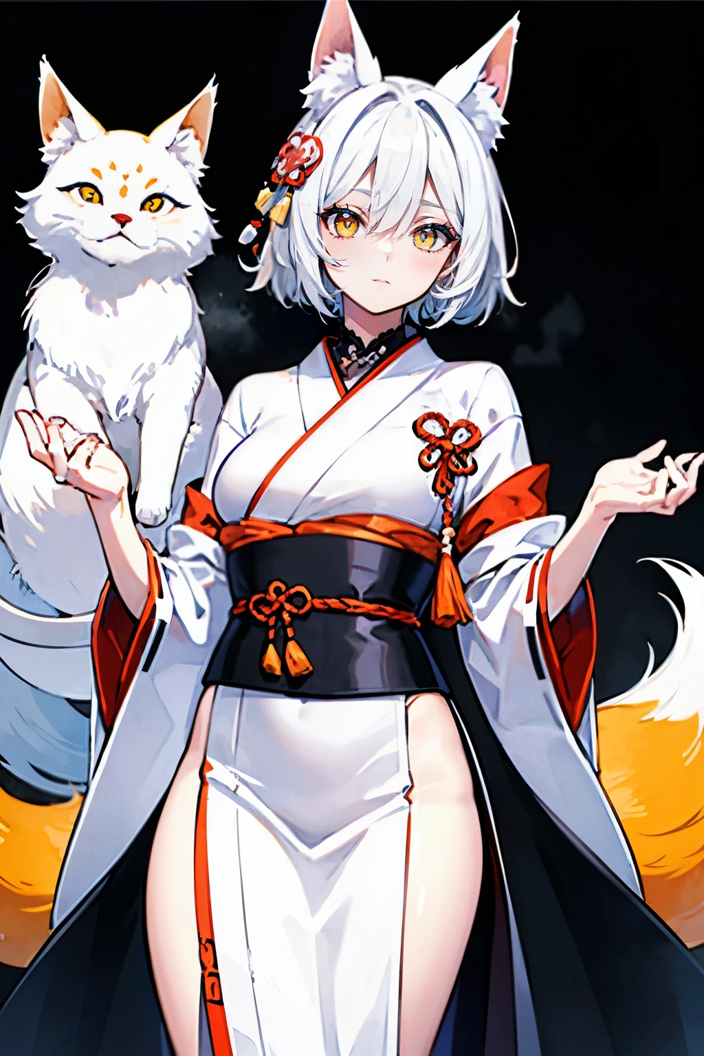 A beautiful girl with droopy, rectangular eyes that give her a serious and refined look. Her eyes have large irises in yellow with orange details, and she has retracted, cat-like pupils. She has fox ears and fox-like eyes. Her hair is white with black details, matching her white tail with black accents. She has a serious, coquettish, and refined gaze. She is dressed in traditional Japanese clothing.