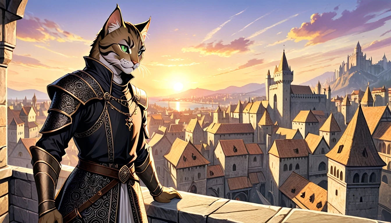 a male khajiit, expressive eyes, black patterned clothes dress, jojo poses, big medieval city in sunset in background, detail richness, masterpiece, best quality, The Elder Scrolls style