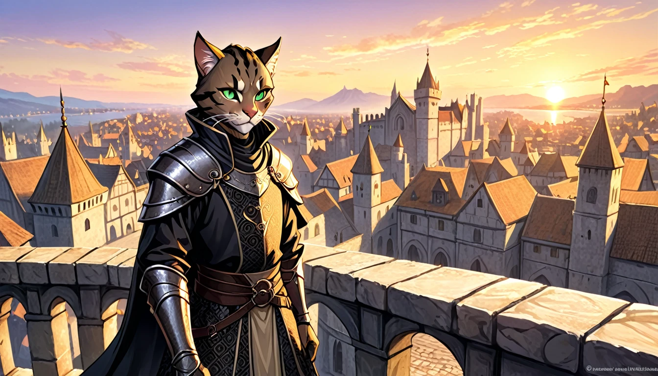 a male khajiit, expressive eyes, black patterned clothes dress, jojo poses, big medieval city in sunset in background, detail richness, masterpiece, best quality, The Elder Scrolls style