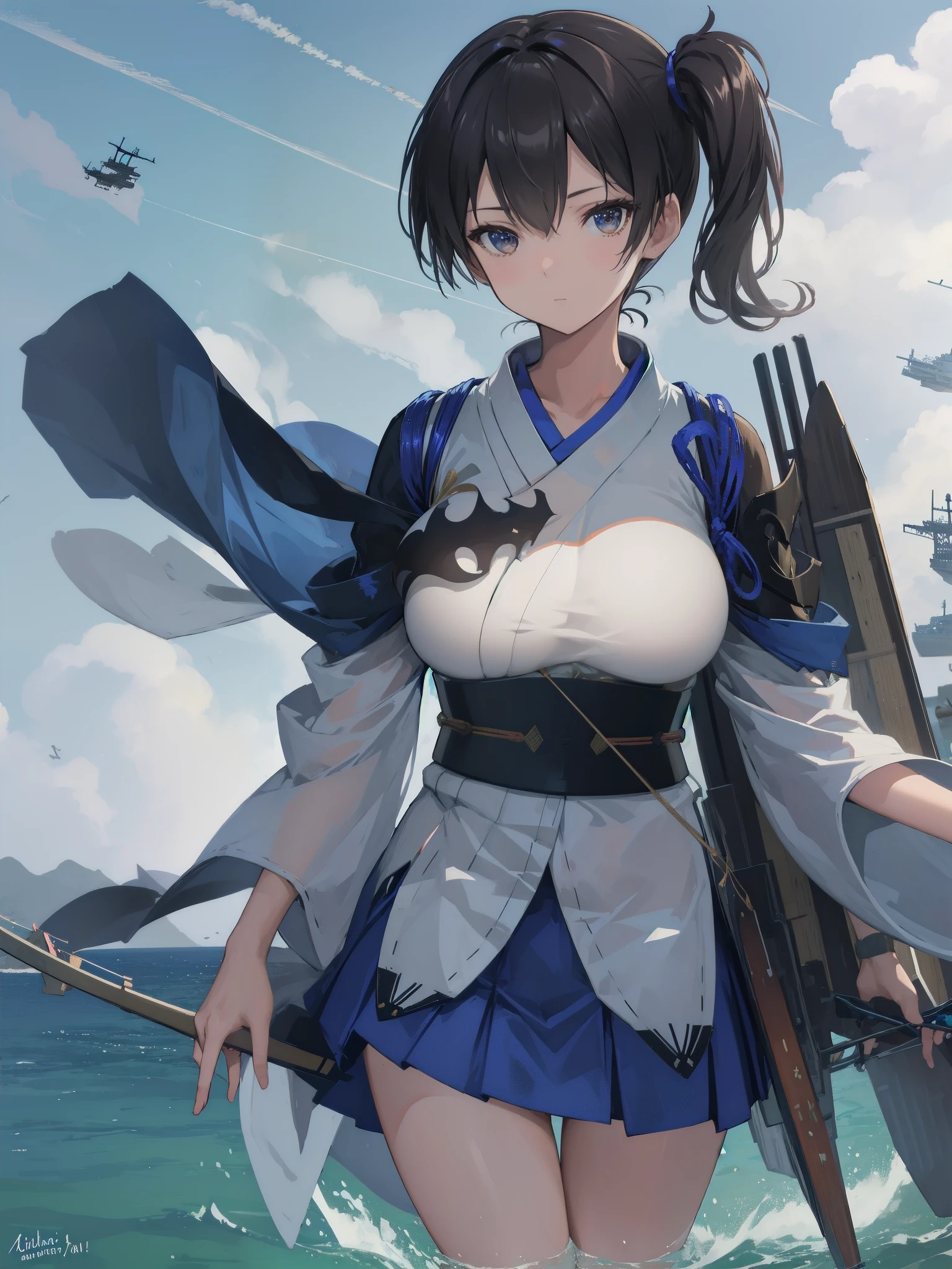 Kaga(Fleet Collection),highest quality, masterpiece, High resolution,kimono,blue skirt,side ponytail,big_breasts,