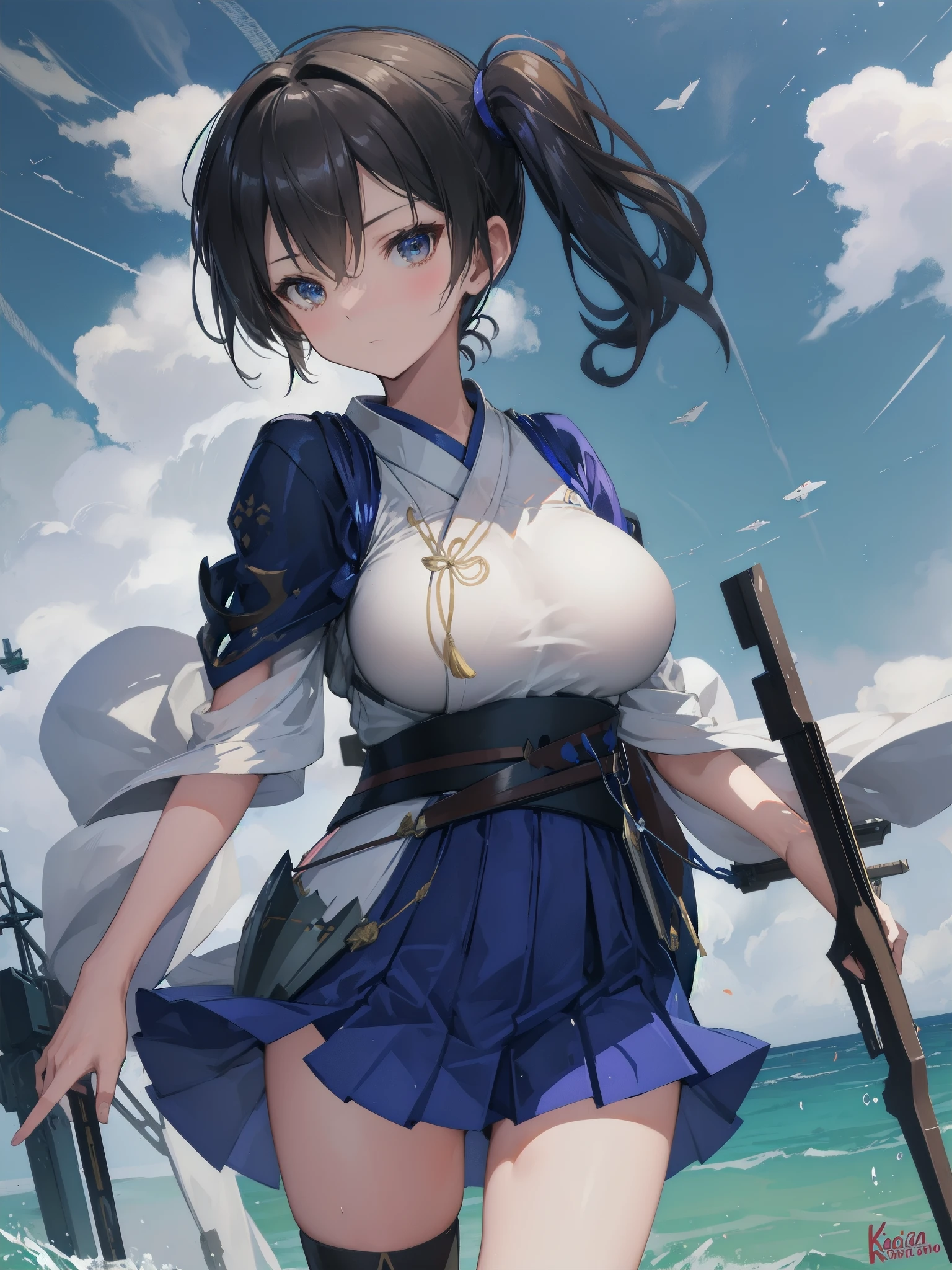Kaga(Fleet Collection),highest quality, masterpiece, High resolution,kimono,blue skirt,side ponytail,big_breasts,