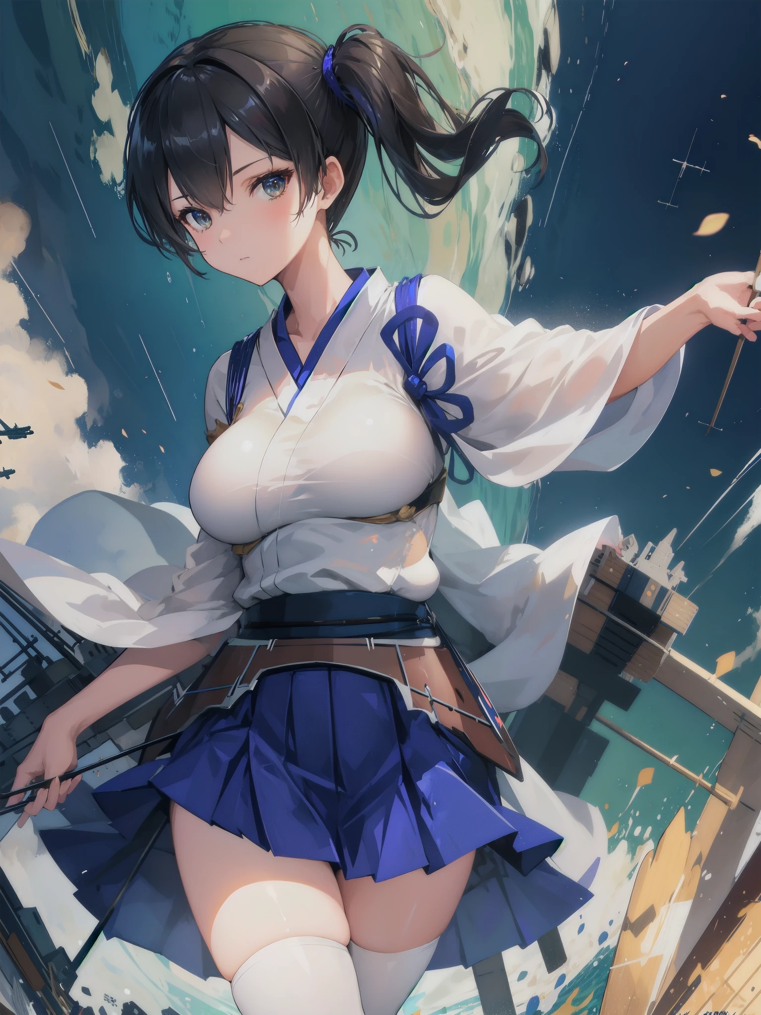 Kaga(Fleet Collection),highest quality, masterpiece, High resolution,kimono,blue skirt,side ponytail,big_breasts,