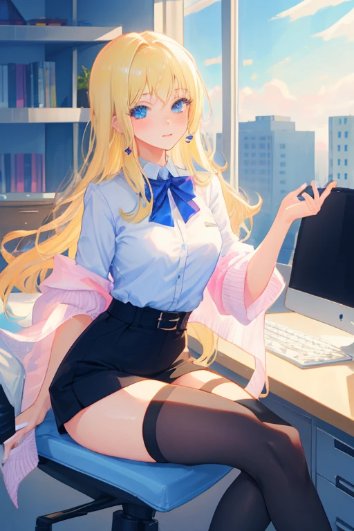 create a 25-year-old anime girl in office attire and black stockings with blonde hair and blue eyes with a luxurious office landscape