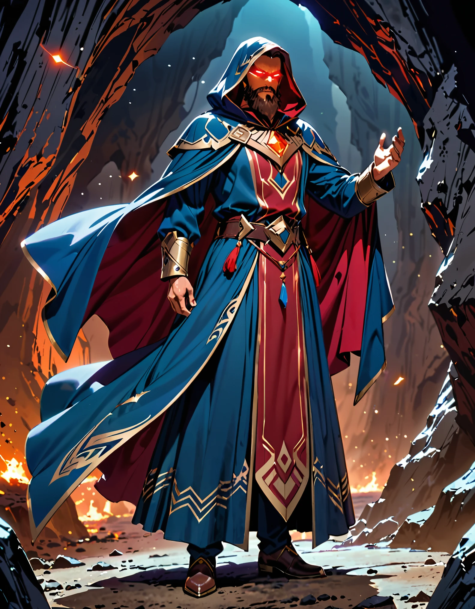 masterpiece, best quality, high res, a man dressed in a blue and red costume, new costume concept design, full body concept, as an Atlantean, official concept art, mage robe, blue cloak, inspired by Aquirax Uno, dressed in a blue cloak, dark sorcerer, full-body pose, full body with costume, space backdrop, solo, solo focus, brown hair, facial hair, beard, glowing eyes, dark cave backdrop.