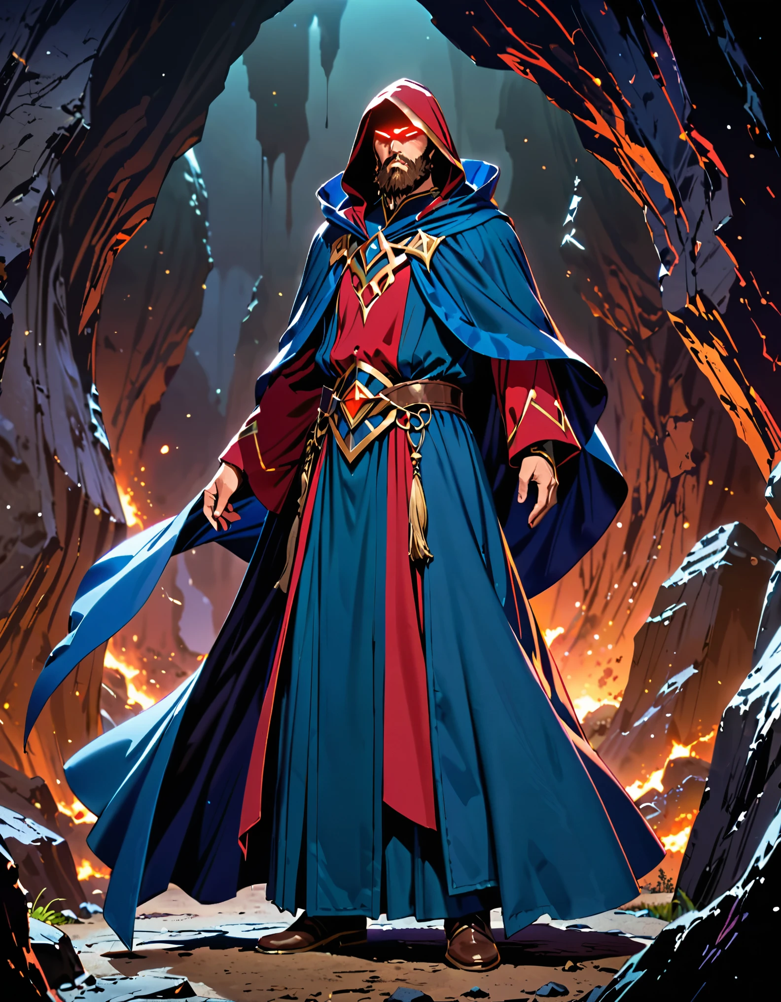 masterpiece, best quality, high res, a man dressed in a blue and red costume, new costume concept design, full body concept, as an Atlantean, official concept art, mage robe, blue cloak, inspired by Aquirax Uno, dressed in a blue cloak, dark sorcerer, full-body pose, full body with costume, space backdrop, solo, solo focus, brown hair, facial hair, beard, glowing eyes, dark cave backdrop.