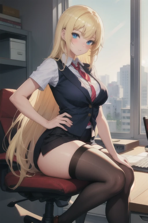 create a 25-year-old anime girl in office attire and black stockings with blonde hair and blue eyes with a luxurious office landscape