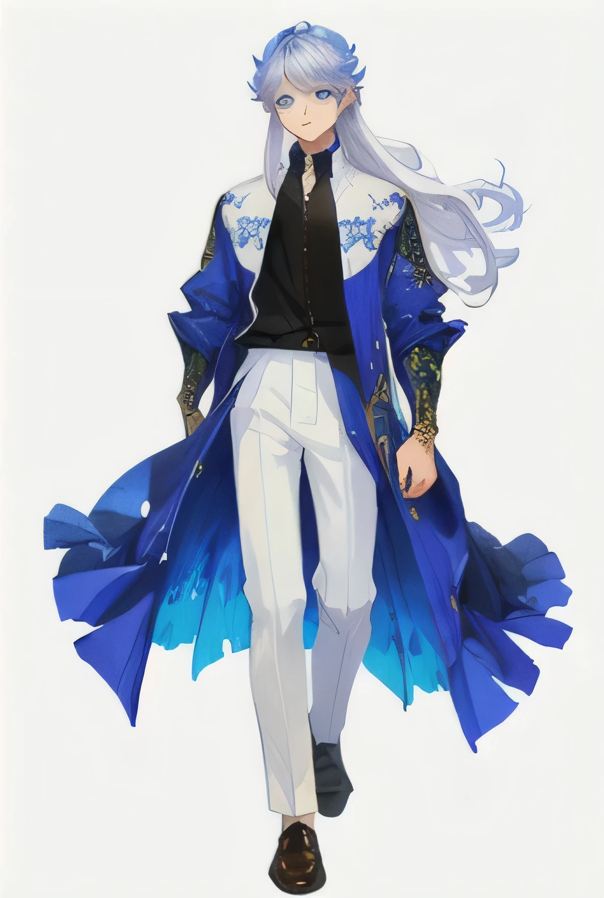 boy, anthro, kemono:1.3),, (best quality, masterpiece, illustration, ultra-detailed:1.3), (white background:1.5), (full body, standing), 1boy, solo full body, head with expression on, long hair, (high clothes), (looking at viewer:1.3), loafers, blue eyes, (gouache, oil, impressionism)