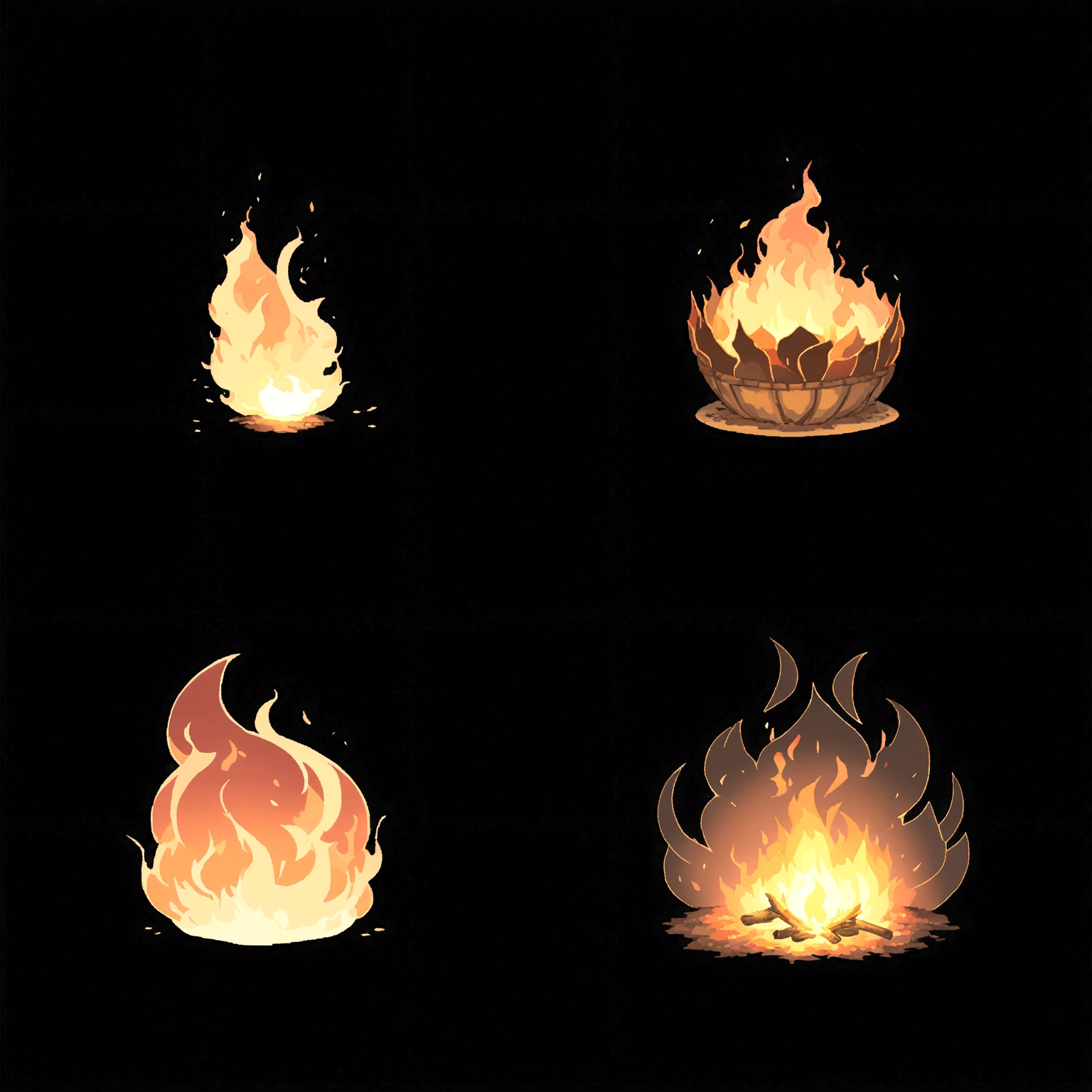 pixel, pixel Art1 sticker, Larger dots,16bit,(sticker sheet), ((highest quality)), Super detailed, (black background:1.3), (Simple Background:1.2), Vector Style, No Gradien,t, 8K, ((Multiple inflammation)), ((4 grids)), inflammation, fire, 篝fire, Digital Art, Bonfire illustrations, Fire Theme, background inflammations