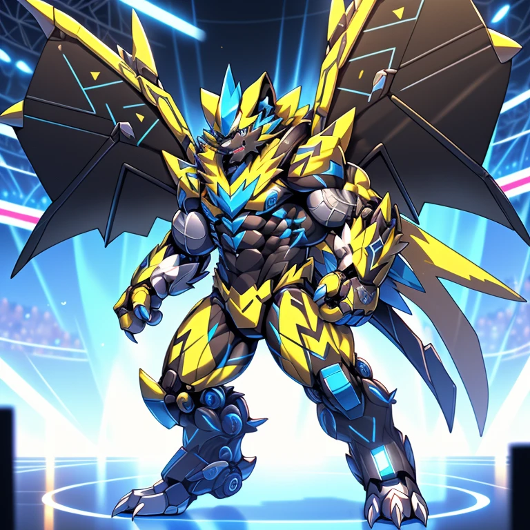 (ZERAORA, 8K), (Zeraora's giant robot, Powered exoskeleton with the same design as Zeraora), (Masterpiece, highres) (Detailed head, Detailed Body, Detailed abs, full body) (gigantic muscles, Gigachad Muscular, big muscle, pecs, triceps, traps, unusually developed muscular body, body full of huge muscles. showing off muscles, pectorales enormes, Exaggeratedly huge muscles.) (nj5furry, The claws are sharp, Sharp teeth, sharp claws), (long legs), (Spread wings, It has wings, have big wings, golden wings), (Wrestling, wrestler, the bodybuilding), (It has wings, whole body shines like metal, Wearing cyberpunk mecha, emphasizes the muscles, suit fully made of metal, intricate armor, Robotic suit, suit fully made of metal, cyborg), 