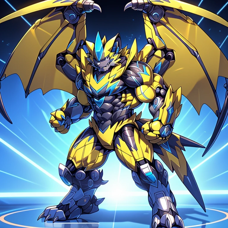 (ZERAORA, 8K), (Zeraora's giant robot, Powered exoskeleton with the same design as Zeraora), (Masterpiece, highres) (Detailed head, Detailed Body, Detailed abs, full body) (gigantic muscles, Gigachad Muscular, big muscle, pecs, triceps, traps, unusually developed muscular body, body full of huge muscles. showing off muscles, pectorales enormes, Exaggeratedly huge muscles.) (nj5furry, The claws are sharp, Sharp teeth, sharp claws), (long legs), (Spread wings, It has wings, have big wings, golden wings), (Wrestling, wrestler, the bodybuilding), (It has wings, whole body shines like metal, Wearing cyberpunk mecha, emphasizes the muscles, suit fully made of metal, intricate armor, Robotic suit, suit fully made of metal, cyborg),