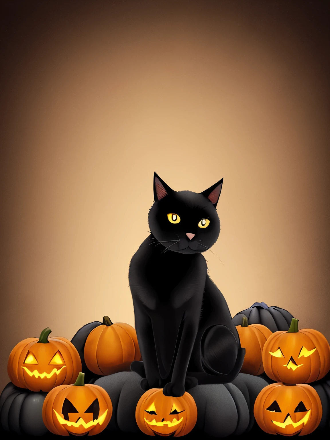 a close up of a black cat sitting on a rock with pumpkins, black cat, with glowing yellow eyes, black cats, glowing orange eyes, with red glowing eyes, the dark god of cats, with glowing red eyes, vampire cat, with glowing eyes, gorgeous art, black cat at her feet, amber eyes, has a very realistic look to it