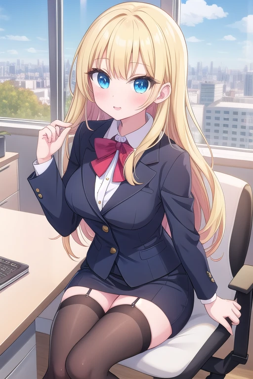 create a 25-year-old anime girl in office attire and black stockings with blonde hair and blue eyes with a luxurious office landscape