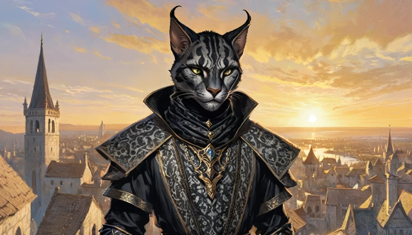a male khajiit, expressive eyes, black patterned clothes dress, jojo poses, big medieval city in sunset in background, detail richness, masterpiece, best quality, The Elder Scrolls style