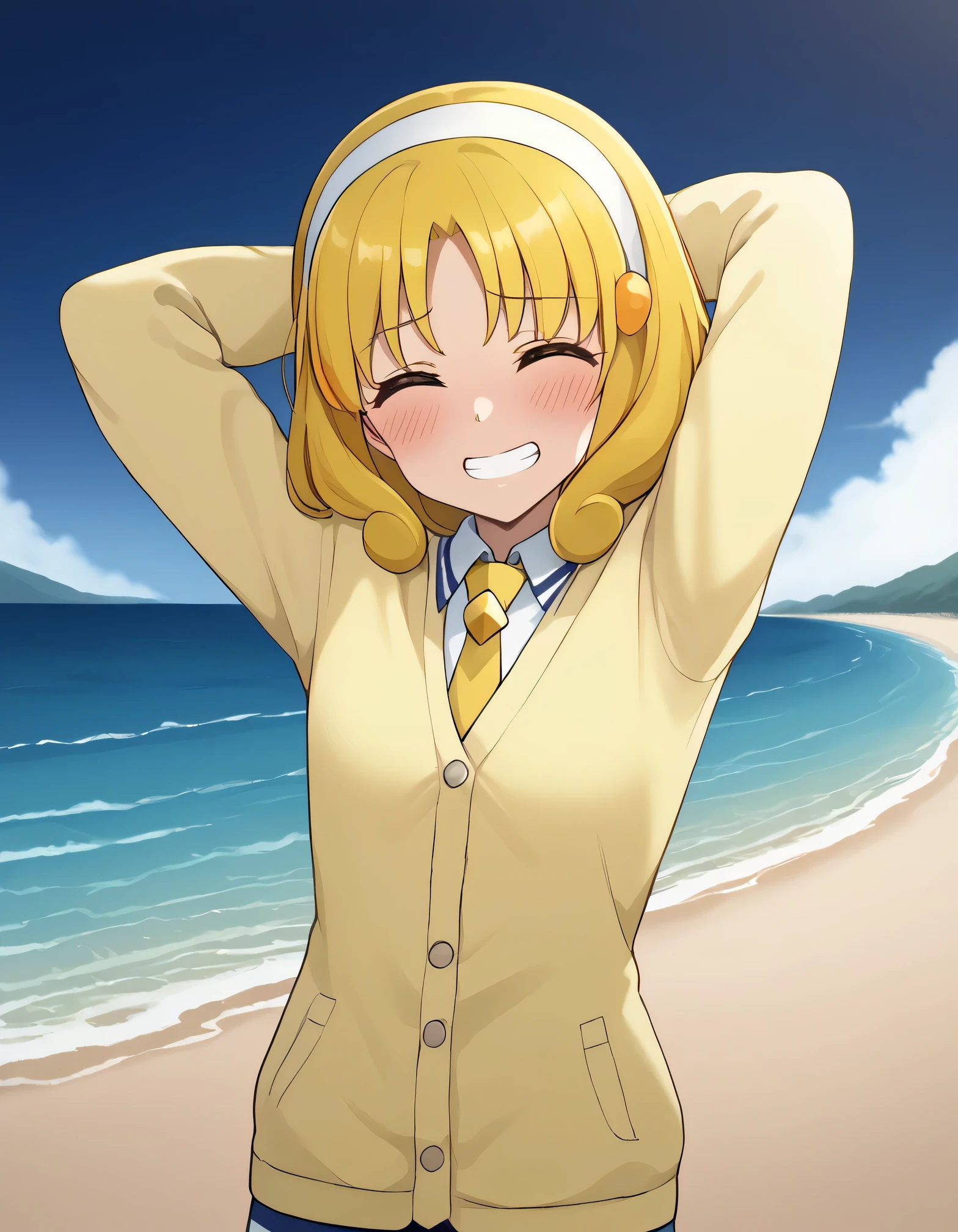 score_9, source_anime, rating_safe BREAK 1girl, solo
kise yayoi, yellow hair, yellow eyes, white hairband, hair ornament, medium hair, nanairogaoka middle , yellow necktie, yellow cardigan, (cowboy shot:1.5), solo, night sky, beach, arms behind head, contrapposto, spread armpits, looking at viewer, best quality, closed eyes, shy, grin, blushing,