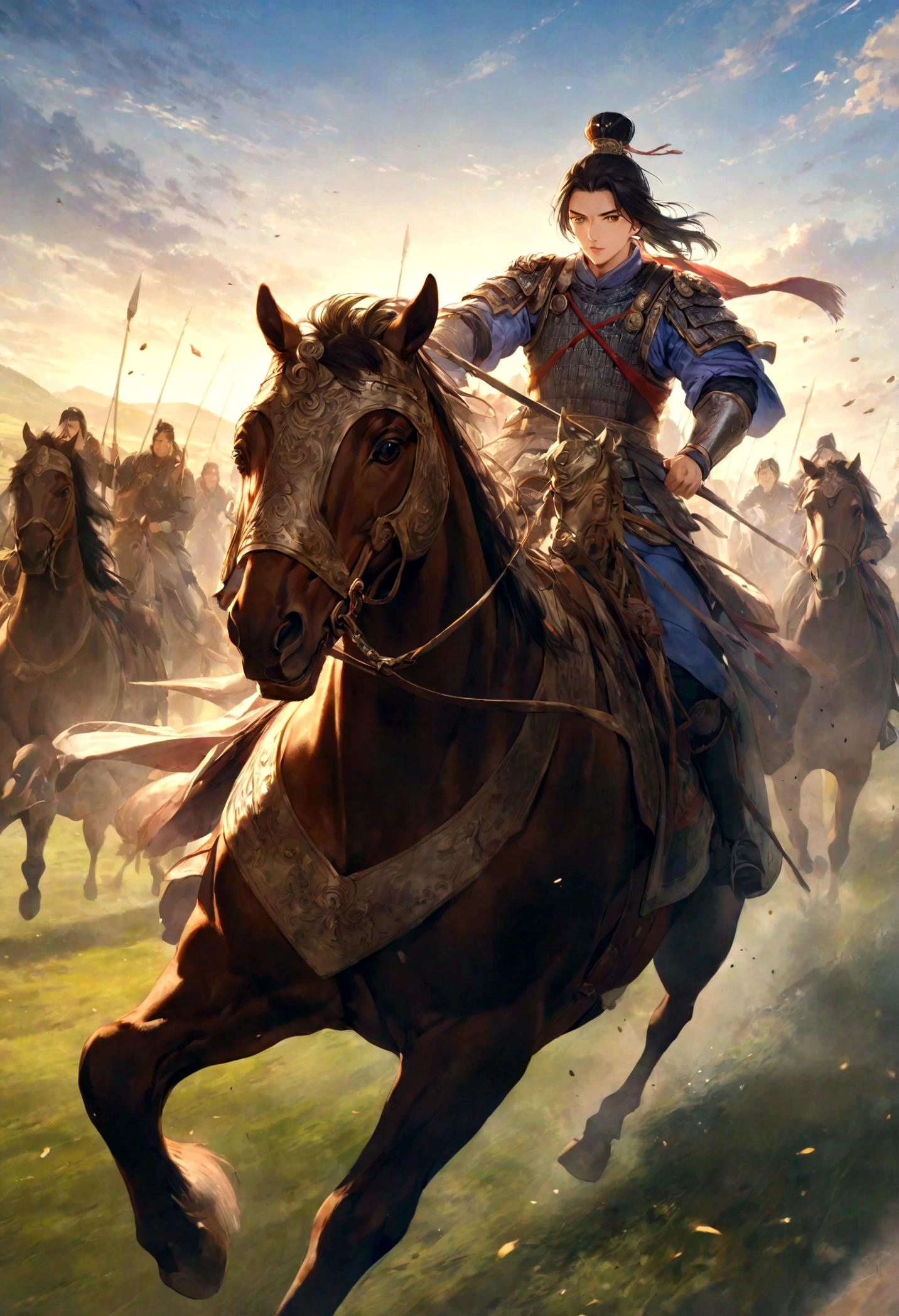 Huo Qu disease,Young General,Leading the cavalry,Galloping on the Grassland,The background is a vast grassland,The sky is blue,Sunshine,Dynamic