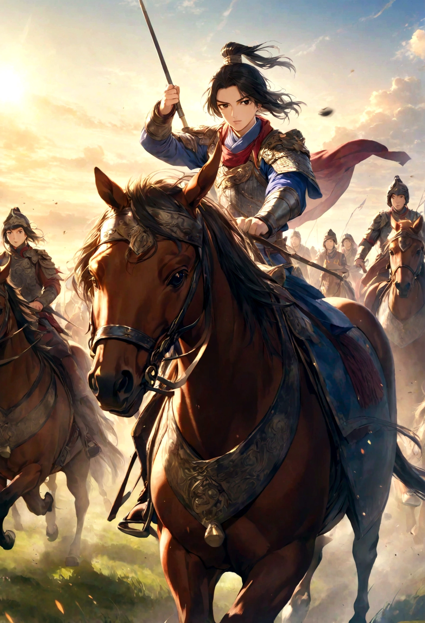 Huo Qu disease,Young General,Leading the cavalry,Galloping on the Grassland,The background is a vast grassland,The sky is blue,Sunshine,Dynamic