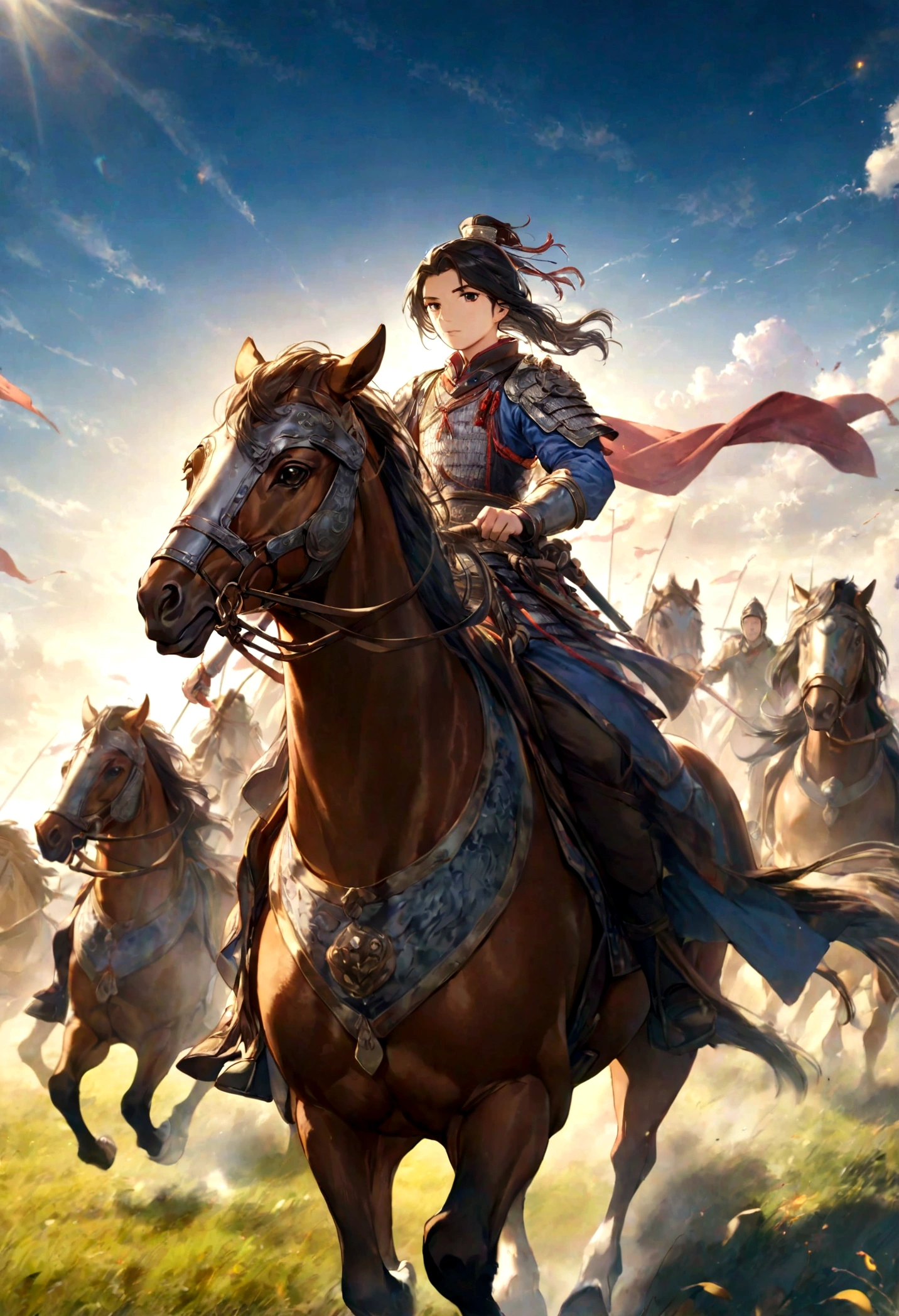 Huo Qu disease,Young General,Leading the cavalry,Galloping on the Grassland,The background is a vast grassland,The sky is blue,Sunshine,Dynamic
