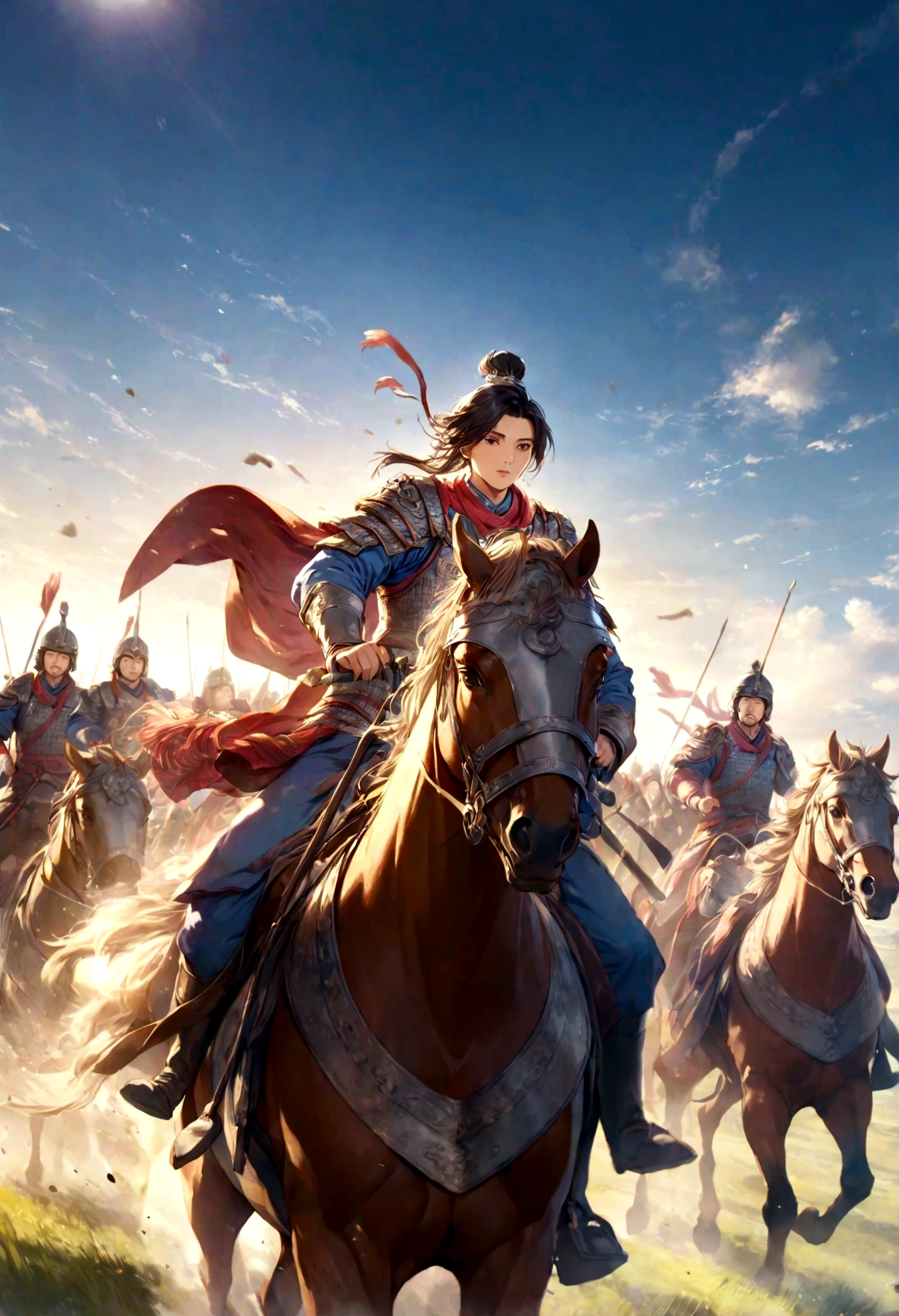 Huo Qu disease,Young General,Leading the cavalry,Galloping on the Grassland,The background is a vast grassland,The sky is blue,Sunshine,Dynamic