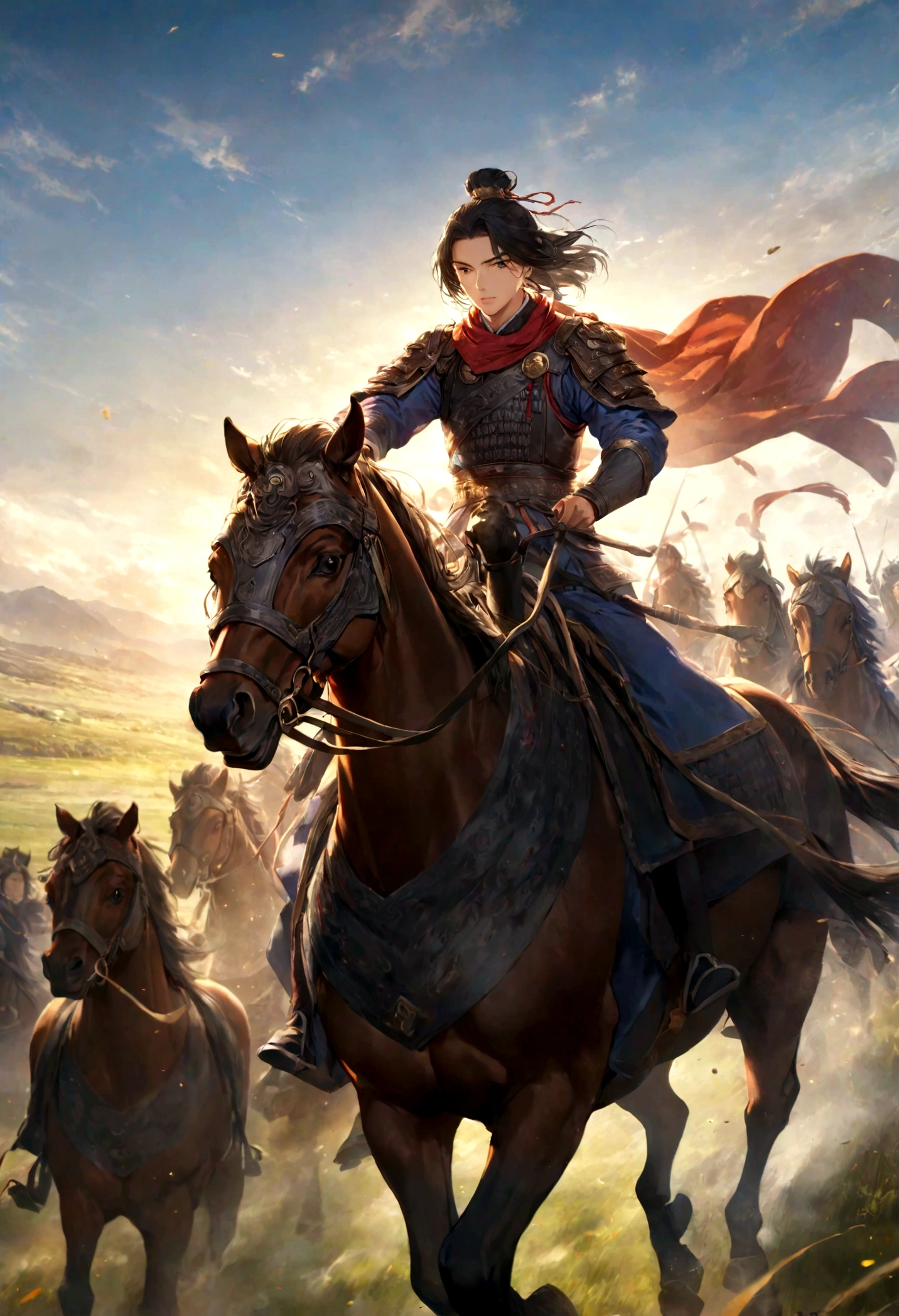 Huo Qu disease,Young General,Leading the cavalry,Galloping on the Grassland,The background is a vast grassland,The sky is blue,Sunshine,Dynamic