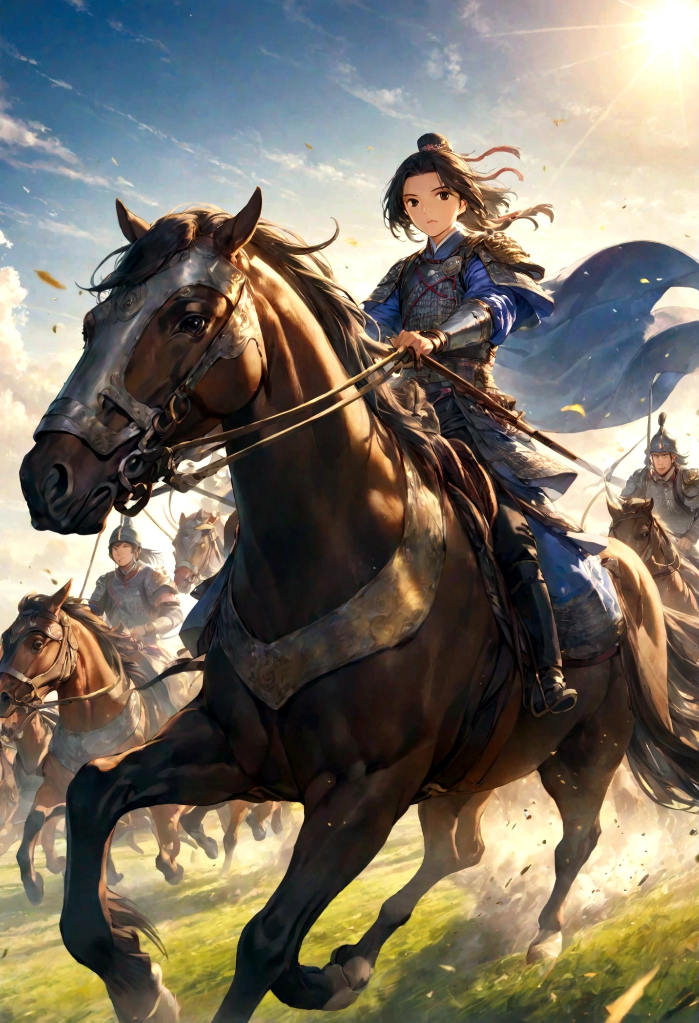 Huo Qu disease,Young General,Leading the cavalry,Galloping on the Grassland,The background is a vast grassland,The sky is blue,Sunshine,Dynamic