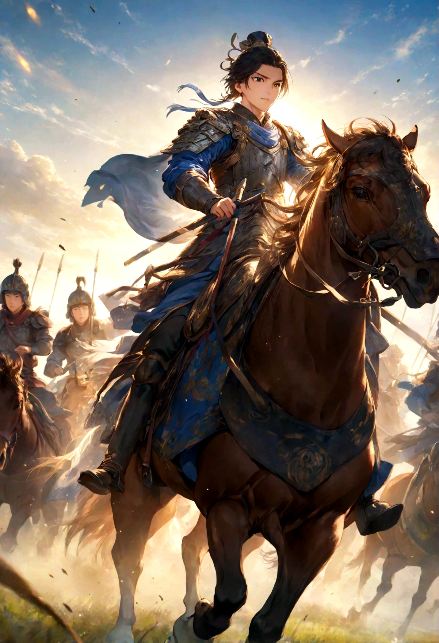 Huo Qu disease,Young General,Leading the cavalry,Galloping on the Grassland,The background is a vast grassland,The sky is blue,Sunshine,Dynamic