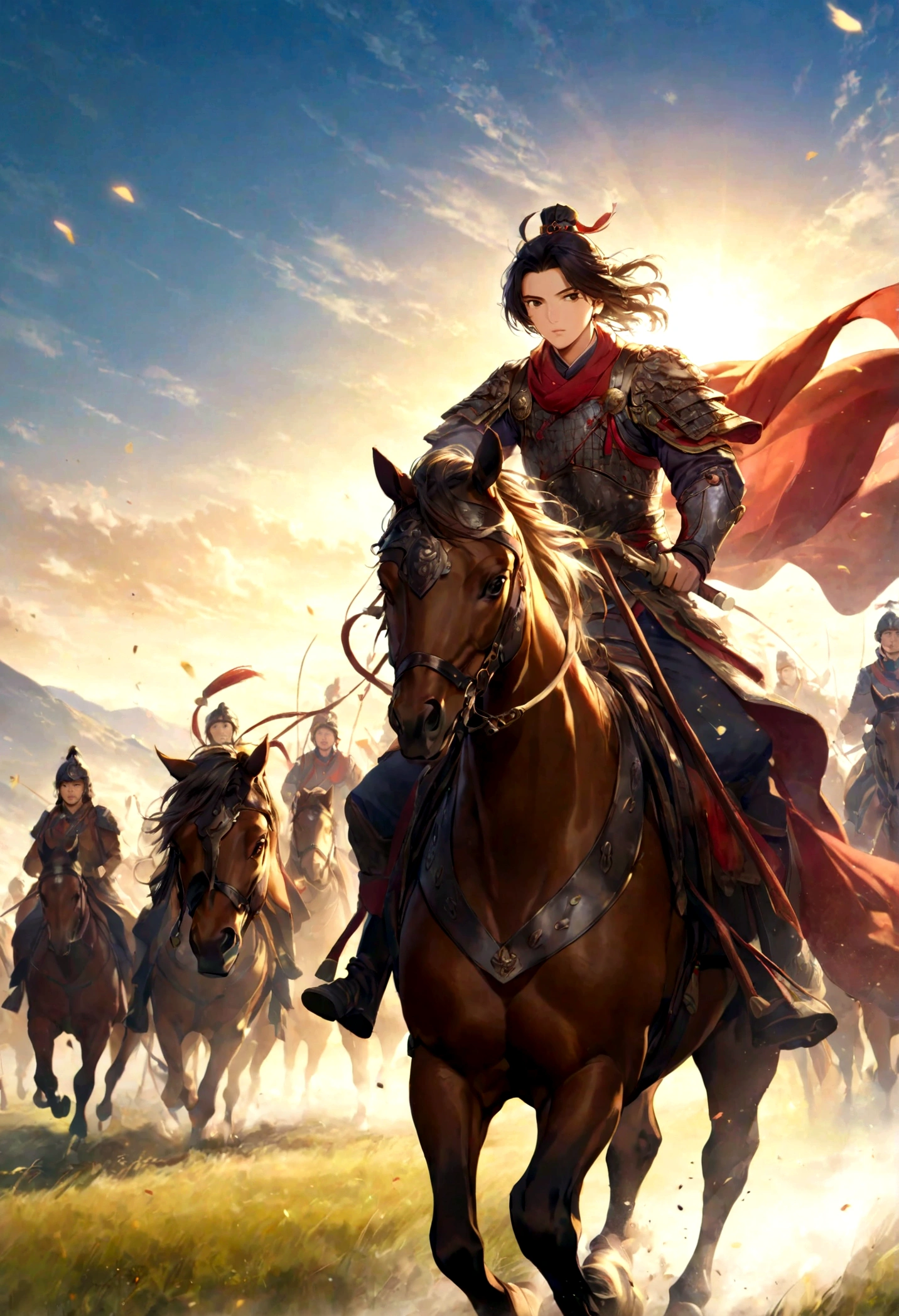 Huo Qu disease,Young General,Leading the cavalry,Galloping on the Grassland,The background is a vast grassland,The sky is blue,Sunshine,Dynamic