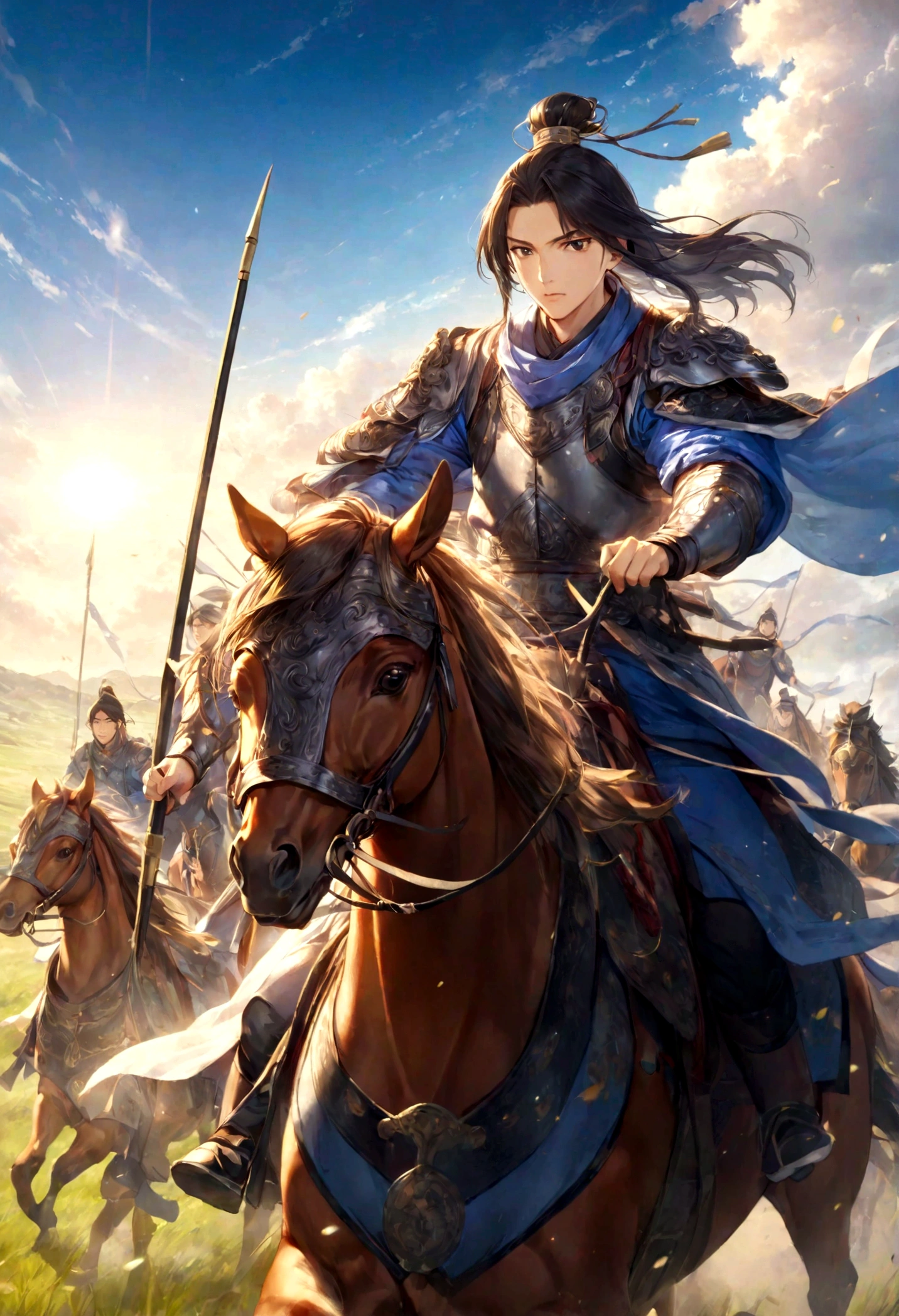 Huo Qu disease,Young General,Leading the cavalry,Galloping on the Grassland,The background is a vast grassland,The sky is blue,Sunshine,Dynamic
