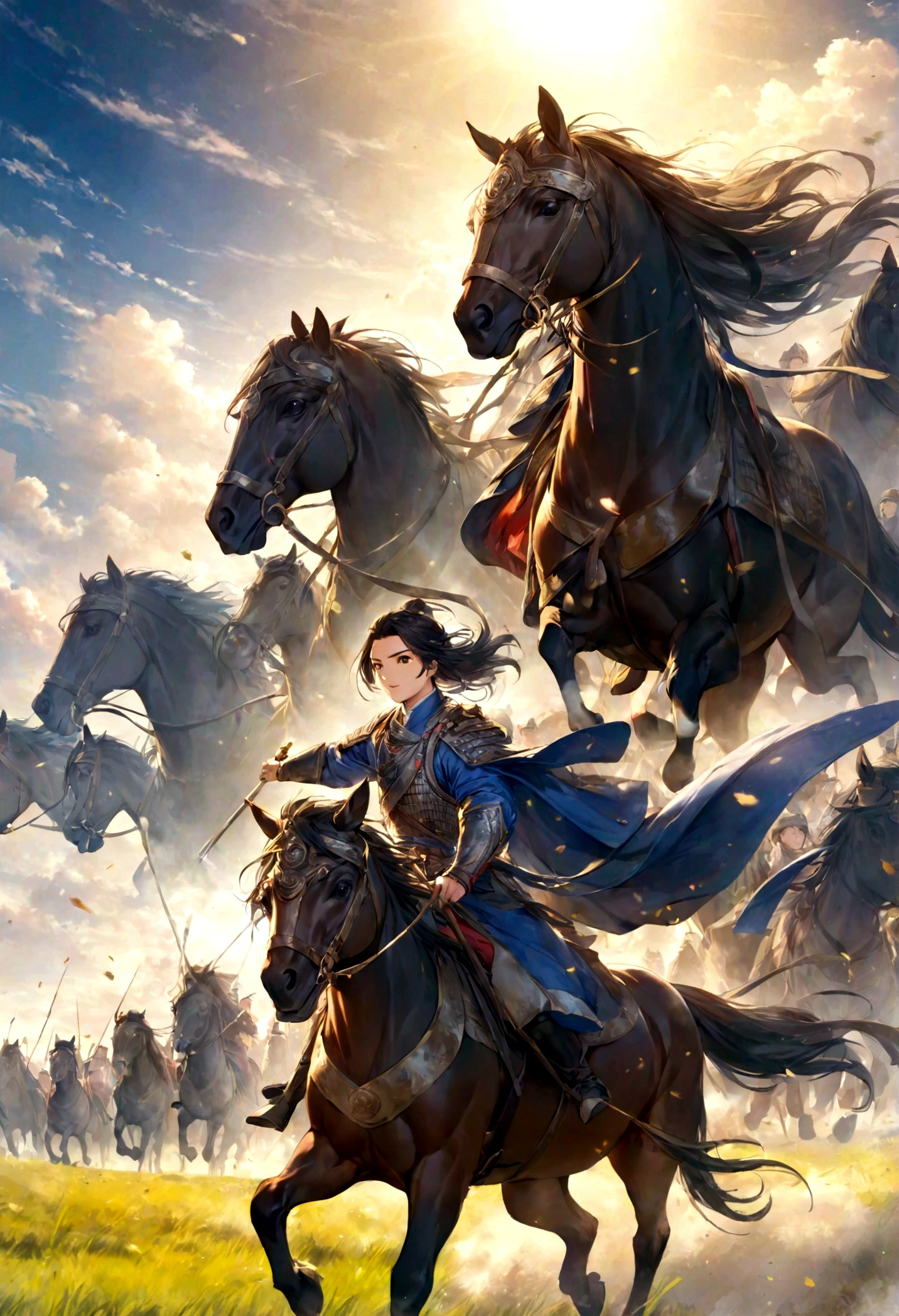 Huo Qu disease,Young General,Leading the cavalry,Galloping on the Grassland,The background is a vast grassland,The sky is blue,Sunshine,Dynamic